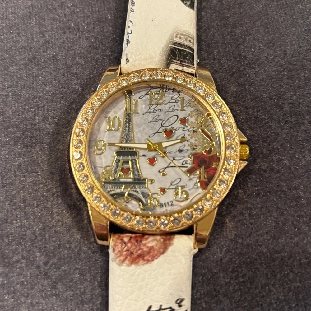 Paris Eiffel Tower Watch Gold Tone Crystal Romantic Rose Print French l Quartz